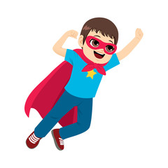 Cute little super hero boy flying with red cape