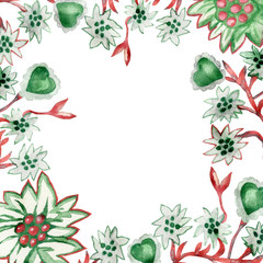Watercolor frame of Scandinavian patterns with green hearts on white background for beautiful design