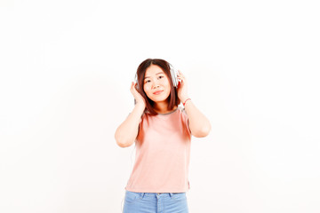 Portrait of beautiful asian young woman with brunette hair and bob hairstyle, fashionable hipster outfit alone in bright lighted room. Background, copy space for text, close up.