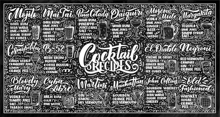 Lettering set of cocktails recipes. Template for card banner and poster for bar menu and restaurant - obrazy, fototapety, plakaty