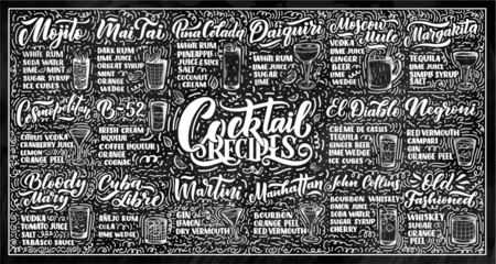Fotobehang Lettering set of cocktails recipes. Template for card banner and poster for bar menu and restaurant © Artlana