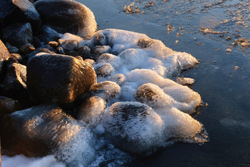 Frozen lakeshore in winter sunlight