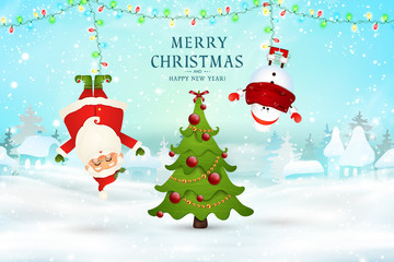 Merry Christmas. Happy new year. Santa Claus, snowman hanging upside down in christmas snow scene with falling snow, garlands, christmas tree. Happy Santa Claus cartoon character in winter landscape.