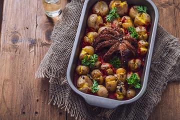Grilled octopus with baked potatoes, tomato sauce, copy space