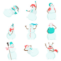 Set of funny and funny snowmen. Funny snowmen in different costumes and images. The snowman is the king, the snowman is skating, the snowman is in a skirt and with a broom.