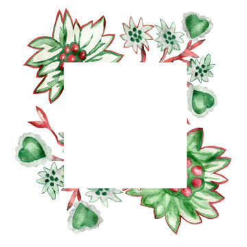 Watercolor square frame of Scandinavian patterns with green hearts on white background for beautiful design