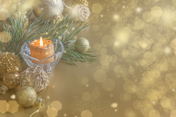 Obraz na płótnie Canvas Winter background. Christmas ball golden background. Christmas decoration. Toned effect