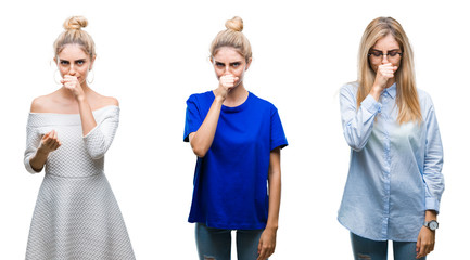 Naklejka premium Collage of young beautiful blonde woman over isolated background feeling unwell and coughing as symptom for cold or bronchitis. Healthcare concept.