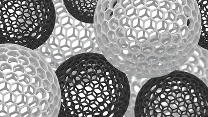 3d spheres with holes. Perforated balls background. Abstract wallpaper. Flying bubbles. Trendy modern illustration. 3d rendering. Cell. Poster backdrop.