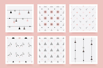 Minimal feminine Christmas seamless pattern collection in rose gold color hue