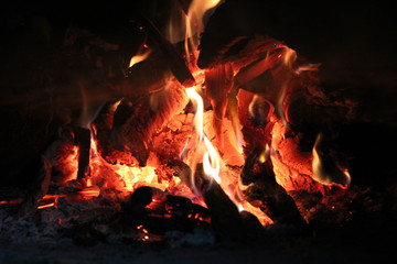 Fire wood brighly burning in furnace. Fire and flames