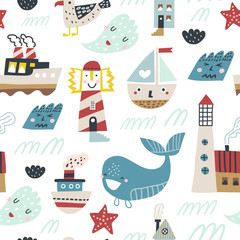 Fototapeta na wymiar Childish seamless pattern with ship, cute whale, lighthouse and waves. Scandinavian style. Summer marina background. Perfect for fabric, textile. Vector background. Pastel colors