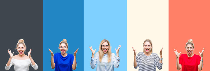Collage of young beautiful blonde woman over vivid colorful vintage stripes isolated background celebrating crazy and amazed for success with arms raised and open eyes screaming excited