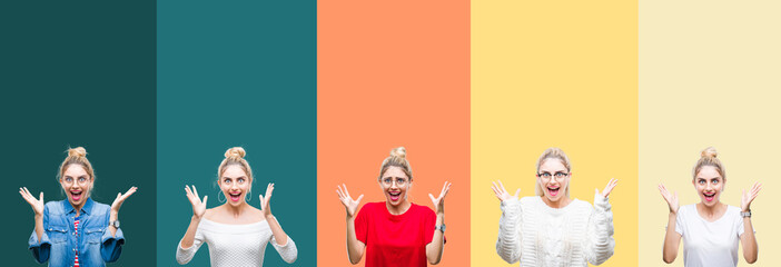 Collage of young beautiful blonde woman over vivid colorful vintage stripes isolated background celebrating crazy and amazed for success with arms raised and open eyes screaming excited