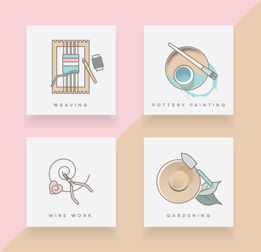 Set of four line icons depicting weaving, pottery painting, wire work and gardening crafts