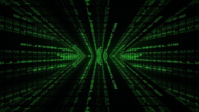 A 3d cyberspace corridor with walls made of random symbols falling down (chinese characters, code rain, a popular sci-fi movie effect).
