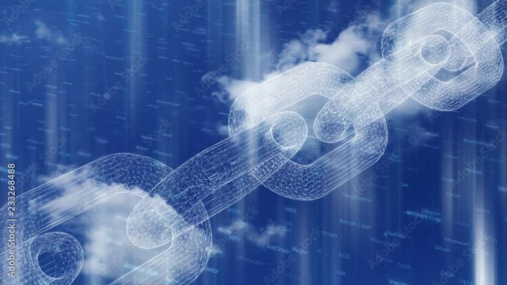 Poster blockchain chain network motion on shiny abstract sky with clouds time lapse background.