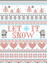Seamless Christmas pattern Let it Snow Scandinavian  style, inspired by Norwegian Christmas, festive winter  in cross stitch with reindeer, Christmas tree, heart, snowflakes, snow, gifts, ornaments 