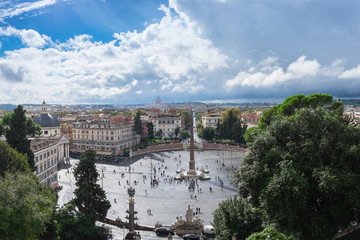 The panoramic vie of Piazza del Popolo shot from above - Terazza del Pincio. The Cupola of San...