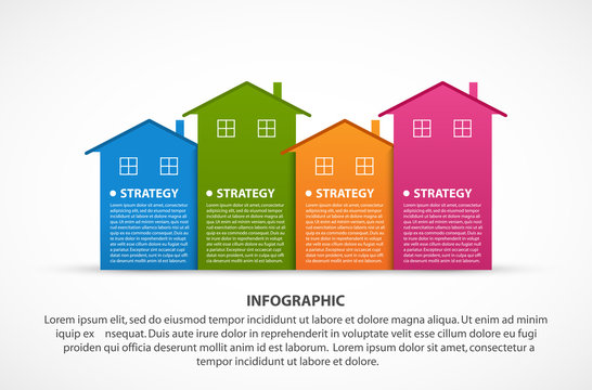 Infographics with colorful houses. For the presentation or advertising brochures. Vector illustration.