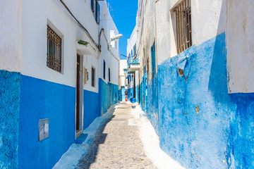 Blue and white street in the medina of Rabat, Morocco