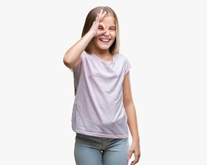 Fototapeta premium Young beautiful girl over isolated background doing ok gesture with hand smiling, eye looking through fingers with happy face.
