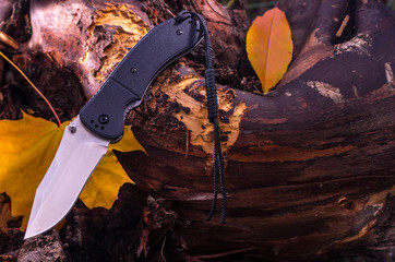 Tourist knife with lanyard. Autumn mood. Front view.