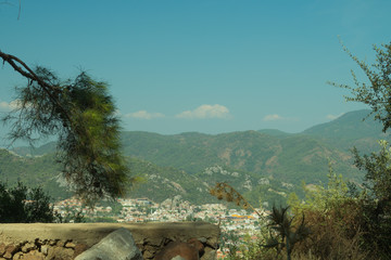 Mountain town panoramic view. city between the hills