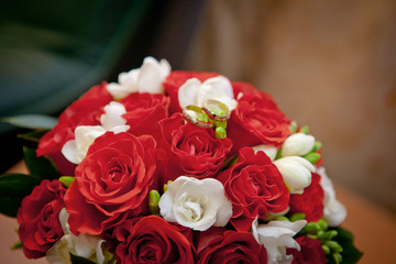 wedding bouquet and wedding rings