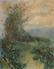 Summer pond. Palette knife oil painting on canvas.