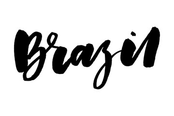 slogan Brazil hand drawn ink brush lettering with the national flag of the country. Calligraphy word Brazil . Brazil national symbol