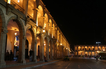 Fototapeta na wymiar Night shot of the Colonial buildings on the Plaza de Armas square of Arequipa, Peru, South America, 3rd May 2018 