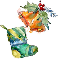 Isolated stocking and bell illustration elements. Christmas winter holiday symbol in a watercolor style isolated.