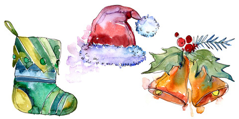 Isolated stocking, bell, hat illustration elements Christmas winter holiday symbol in a watercolor style isolated.