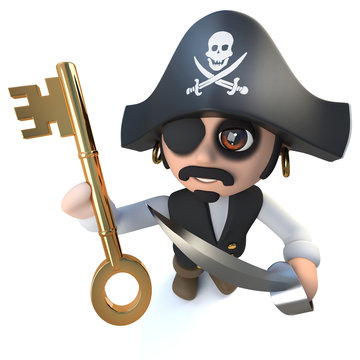 3d Funny cartoon pirate captain character holding a gold key