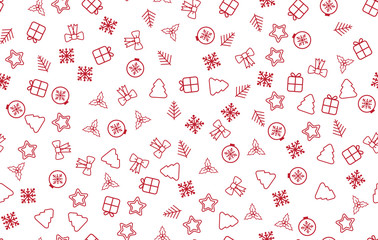 Seamless Christmas pattern. Christmas pattern with decorative snowflakes, gift box, christmas tree, star, christmas balls on white background.