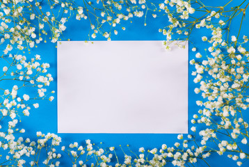 Empty sheet of paper surrounded with white gypsophila flowers on blue background, top view.