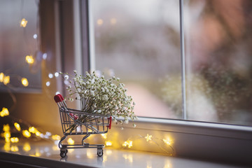 Small supermarket trolley with bouquet of beautiful white gypsophila near window in the daylight, bokeh lights on background.