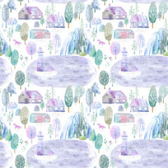 Seamless pattern of a mountain, waterfall, village,forest, horse,lake and floral.Landscape.Watercolor hand drawn illustration.White background.