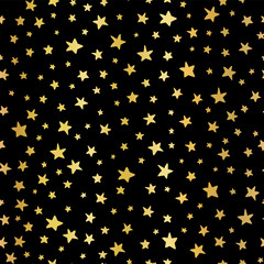 Handdrawn stars gold foil vector background. Seamless pattern for Christmas and celebrations. Hand drawn golden stars on black. For gift wrapping paper, greeting cards, wallpaper, poster, web banner