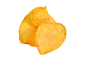 Potato chips close-up isolated white background. Full depth of field
