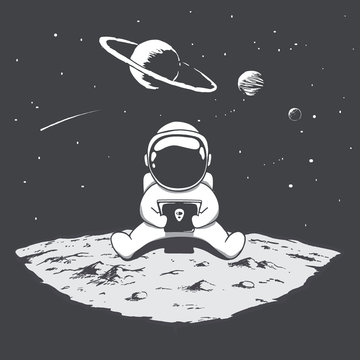 Cute astronaut sits on moon and playing on a smartphone .Space vector illustration