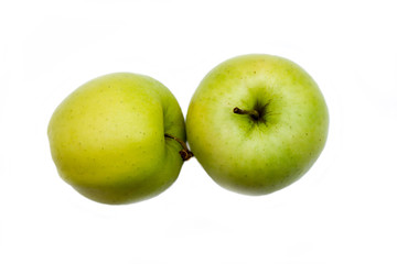 Two yellow apples on a white background viewed from above