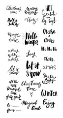 Set of 22 black ink christmas and happy new year celebration holidays hand lettering quotes to greeting card, banner, poster, calligraphy lettering vector