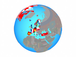 OECD European members with national flags on blue political globe. 3D illustration isolated on white background.
