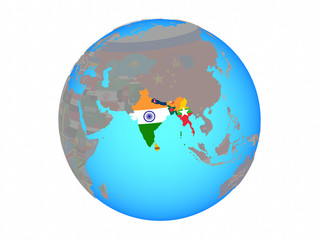 BIMSTEC memeber states with national flags on blue political globe. 3D illustration isolated on white background.