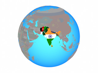 SAARC memeber states with national flags on blue political globe. 3D illustration isolated on white background.