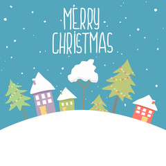 Naklejka premium Suburban house covered snow. Building in holiday ornament. Christmas landscape tree spruce, fence. Happy new year decoration. Merry christmas holiday. New year xmas celebration. Vector illustration