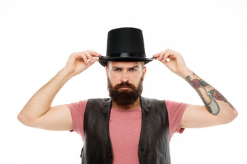 Man bearded hipster cylinder hat. Illusionist performance concept. Magician sorcerer genie...