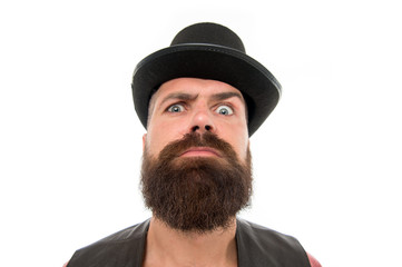 Circus worker. Circus magic trick performance. Let performance begin. Man bearded hipster cylinder....